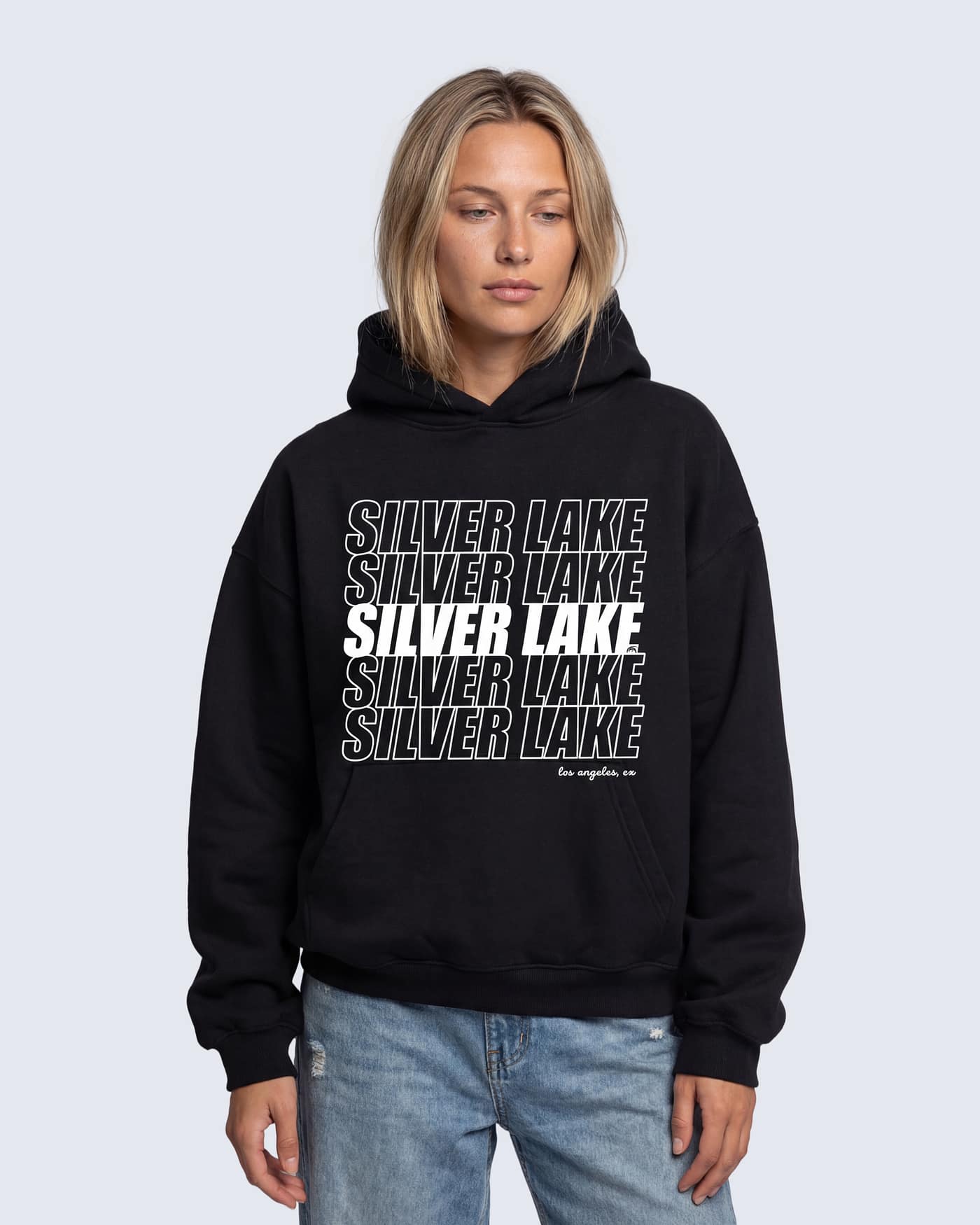 Black boxy hoodie with stacked “Silver Lake” typography