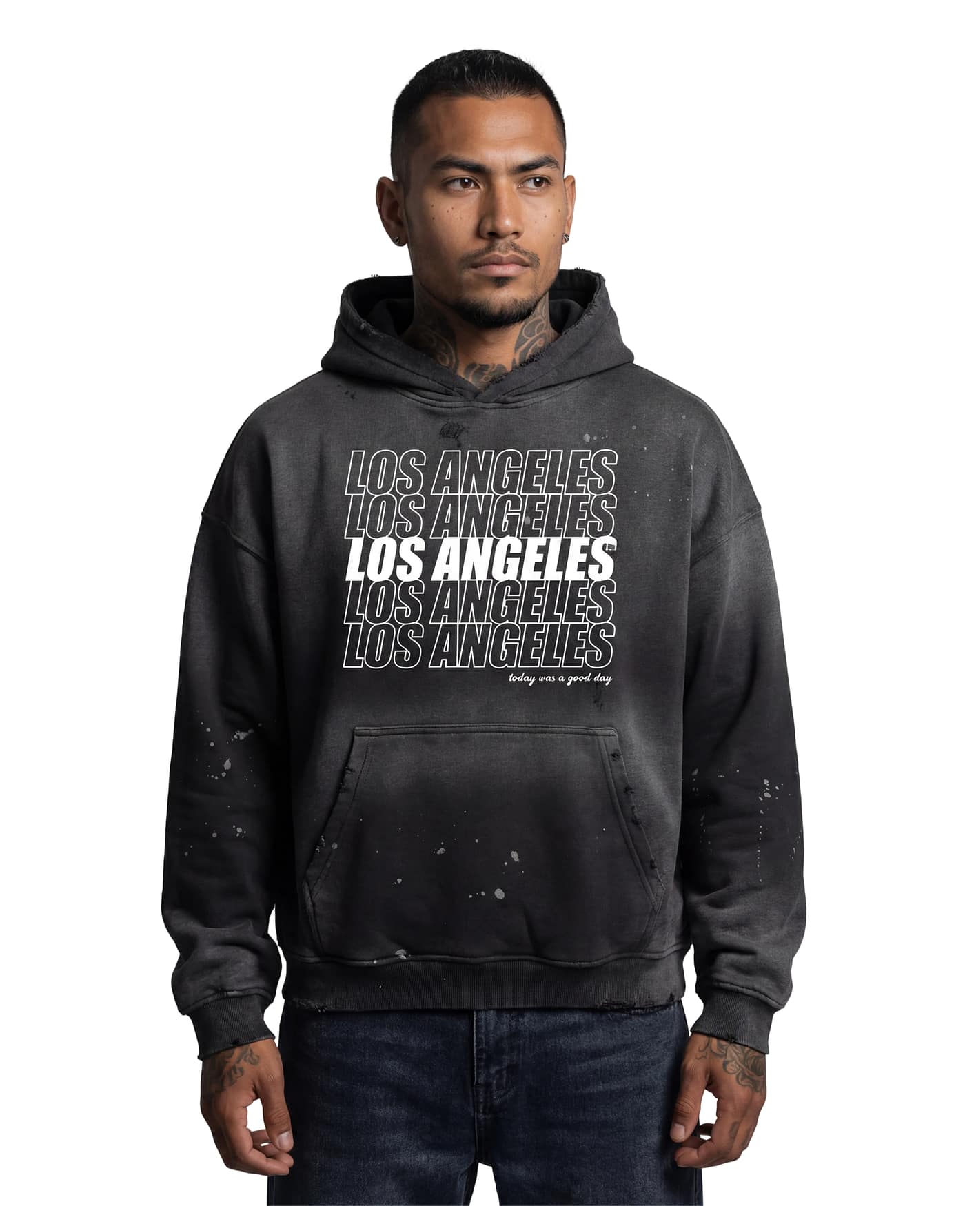 Vintage Washed Frayed Fleece Los Angeles Hoodie