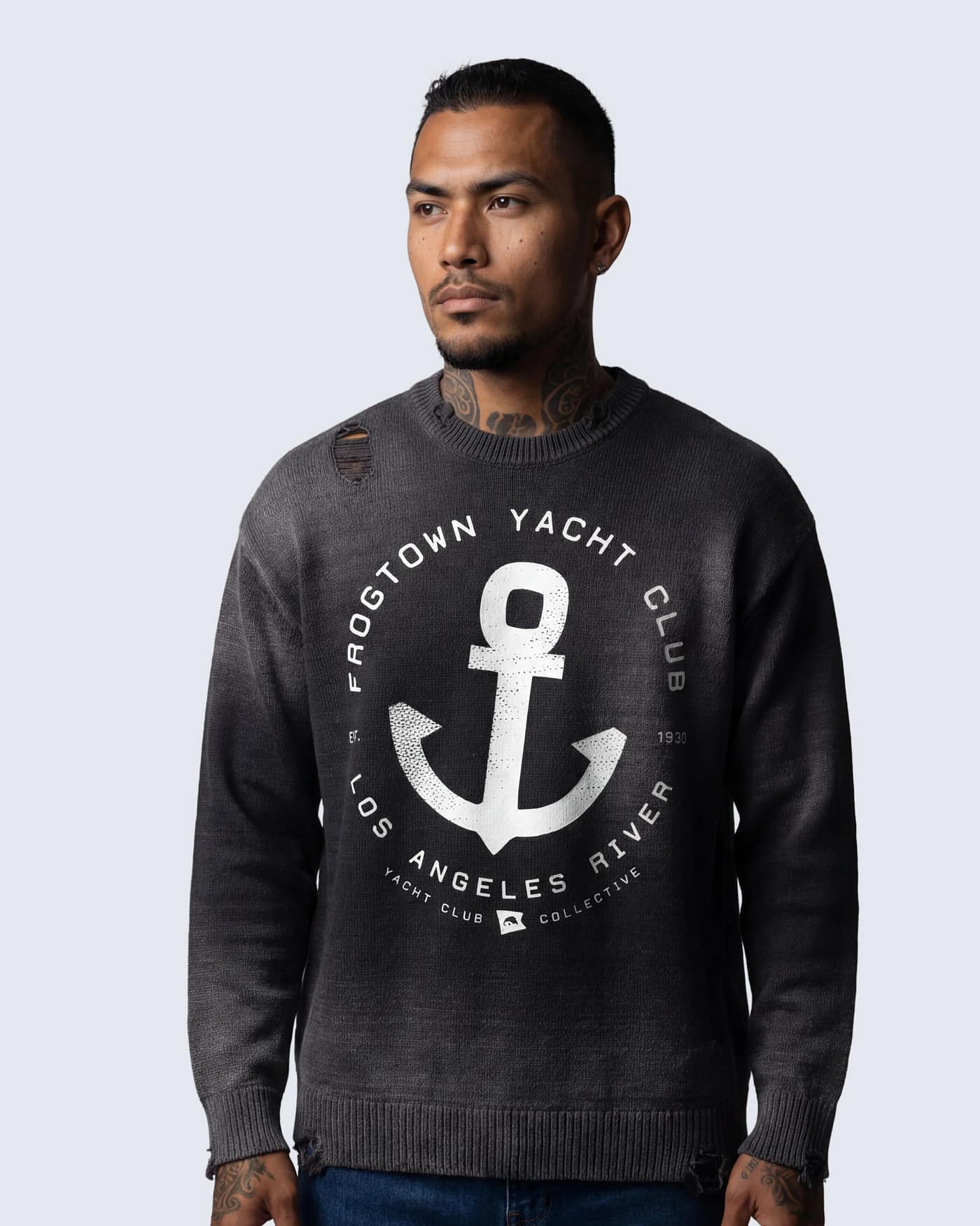 Charcoal distressed Frogtown Yacht Club crewneck sweater with anchor graphic and ripped details