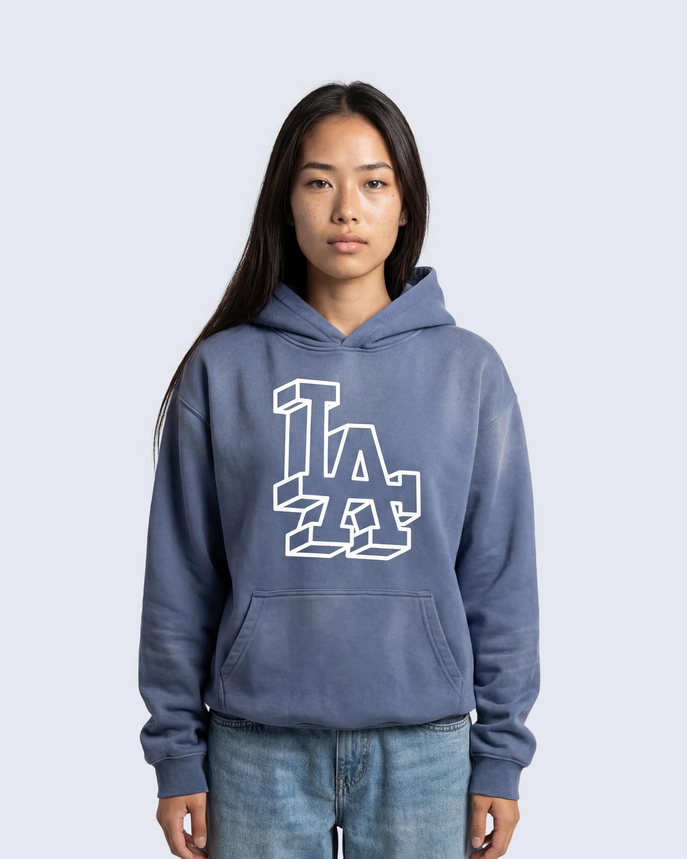 Denim blue sunfade hoodie with oversized LA graphic on front