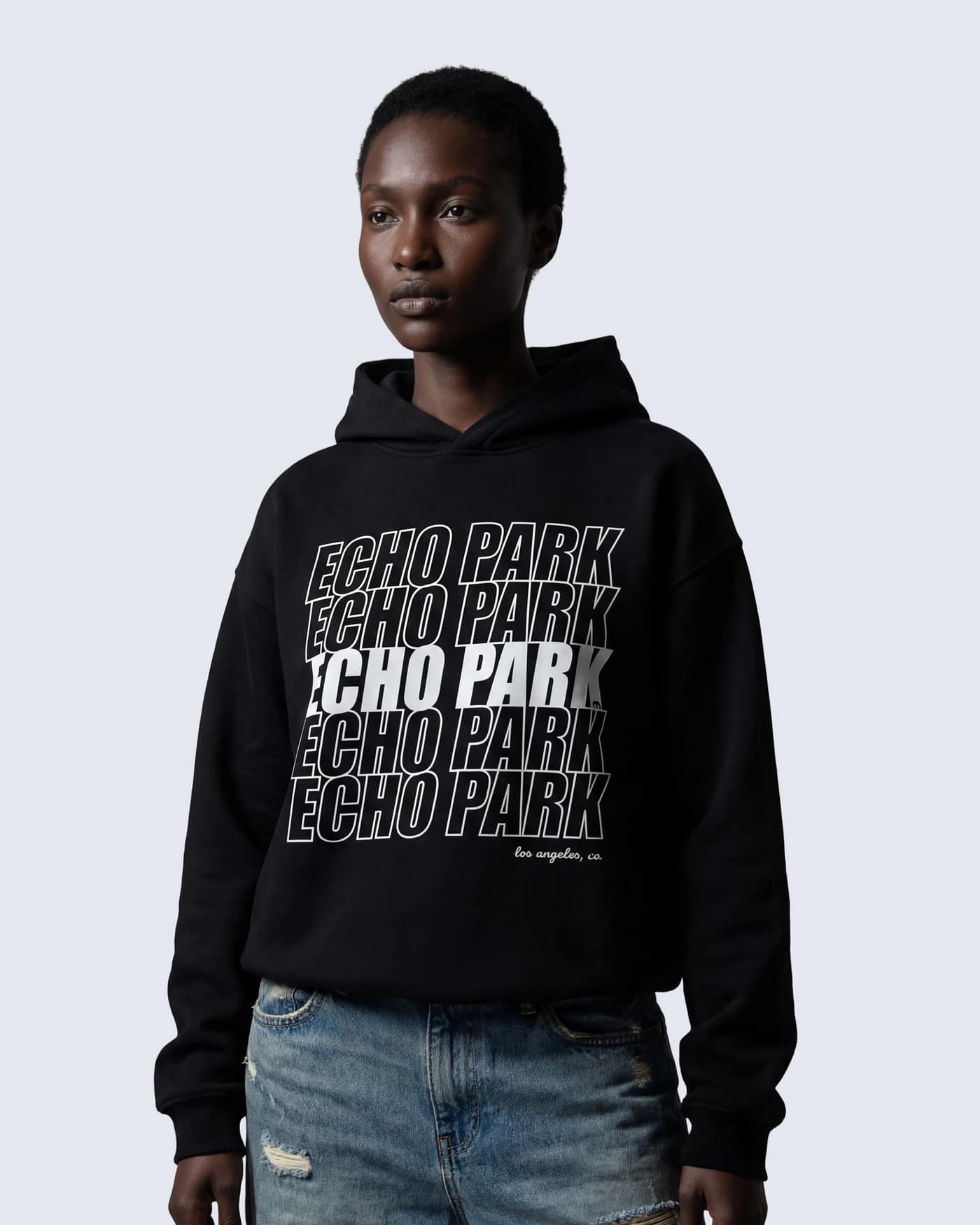 Black boxy hoodie with stacked “Echo Park” typography