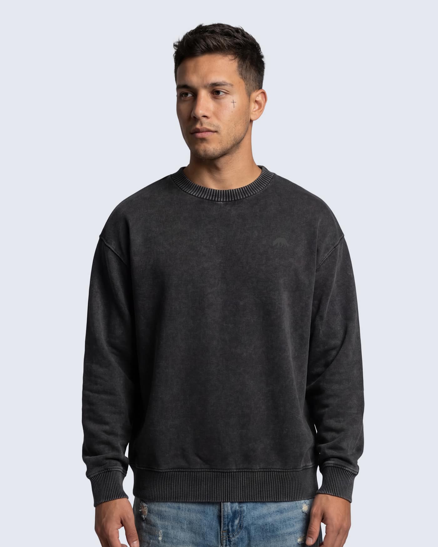 Black mineral wash oversized sweater with small coyote graphic on front