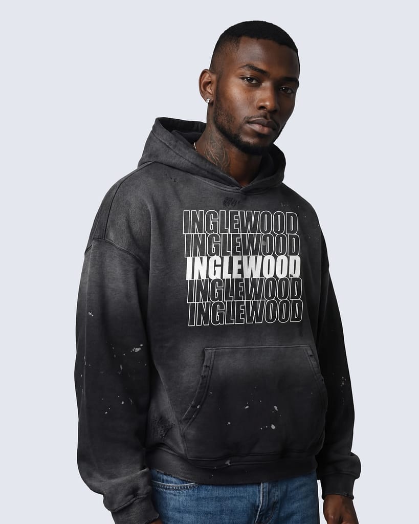 Black vintage washed hoodie with distressed “Inglewood” text design