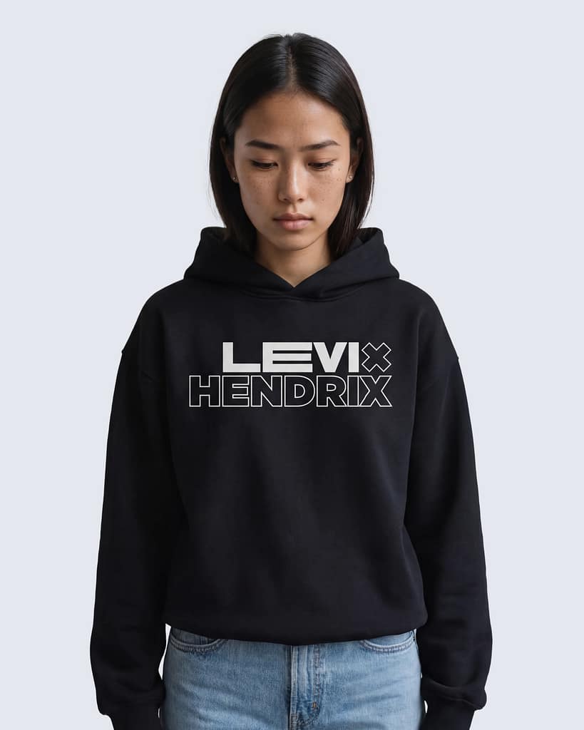 Black boxy hoodie with “Levi x Hendrix” graphic on front