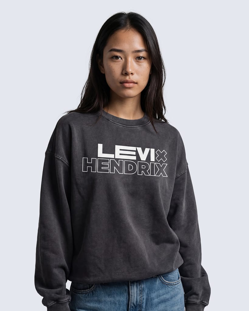 Gray snow wash sweatshirt with “Levi x Hendrix” graphic