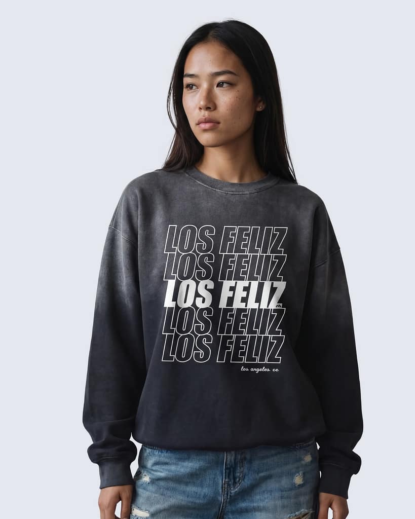 Dark gray sunfade sweatshirt with stacked “Los Feliz” typography