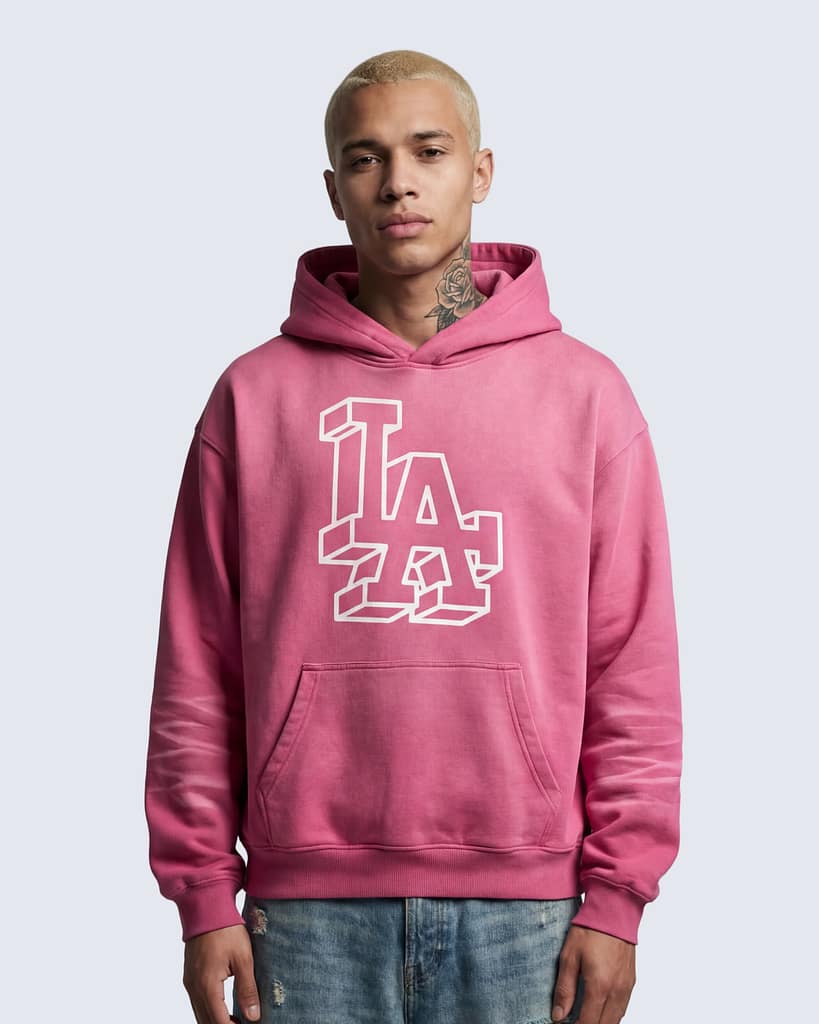 Rose pink sunfade hoodie with oversized LA graphic on front