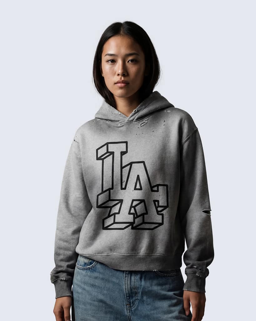 Gray distressed hoodie with bold LA graphic and frayed details