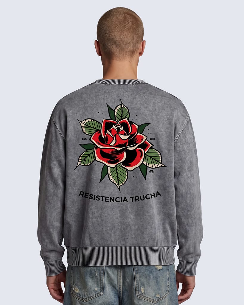 Gray mineral wash oversized sweater with red rose graphic on back