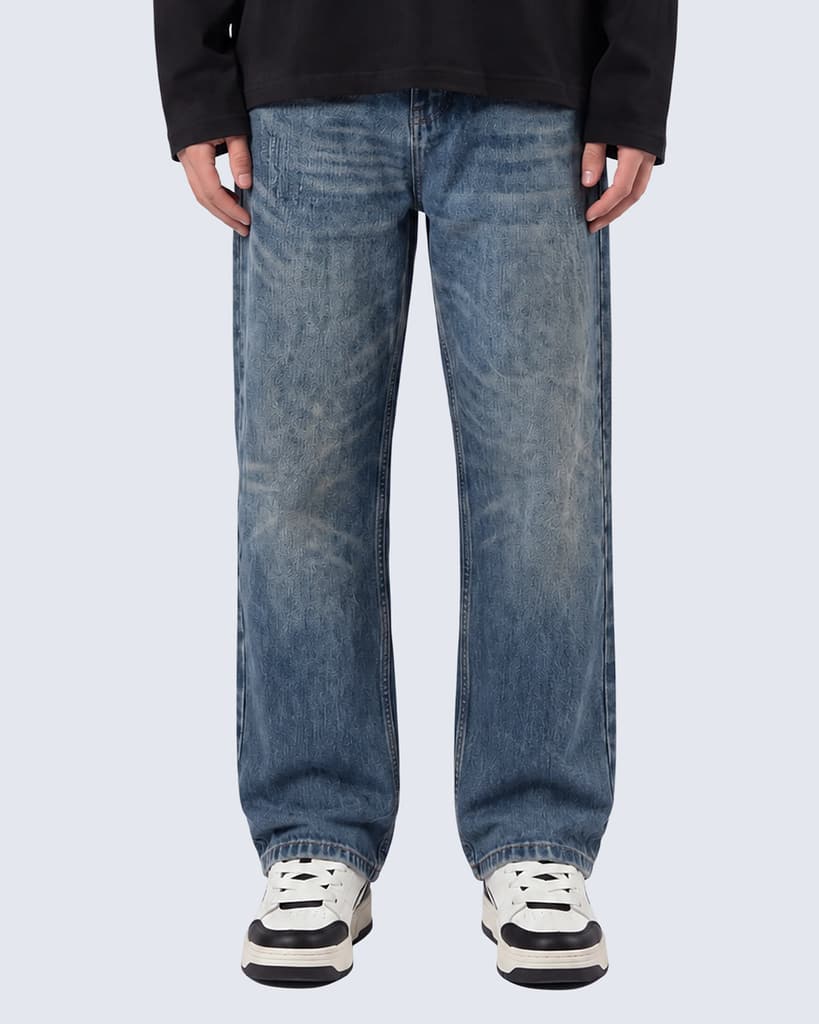 FERN + FIN Vintage Wash Denim Jeans shown from the front with relaxed wide-leg fit and vintage faded wash