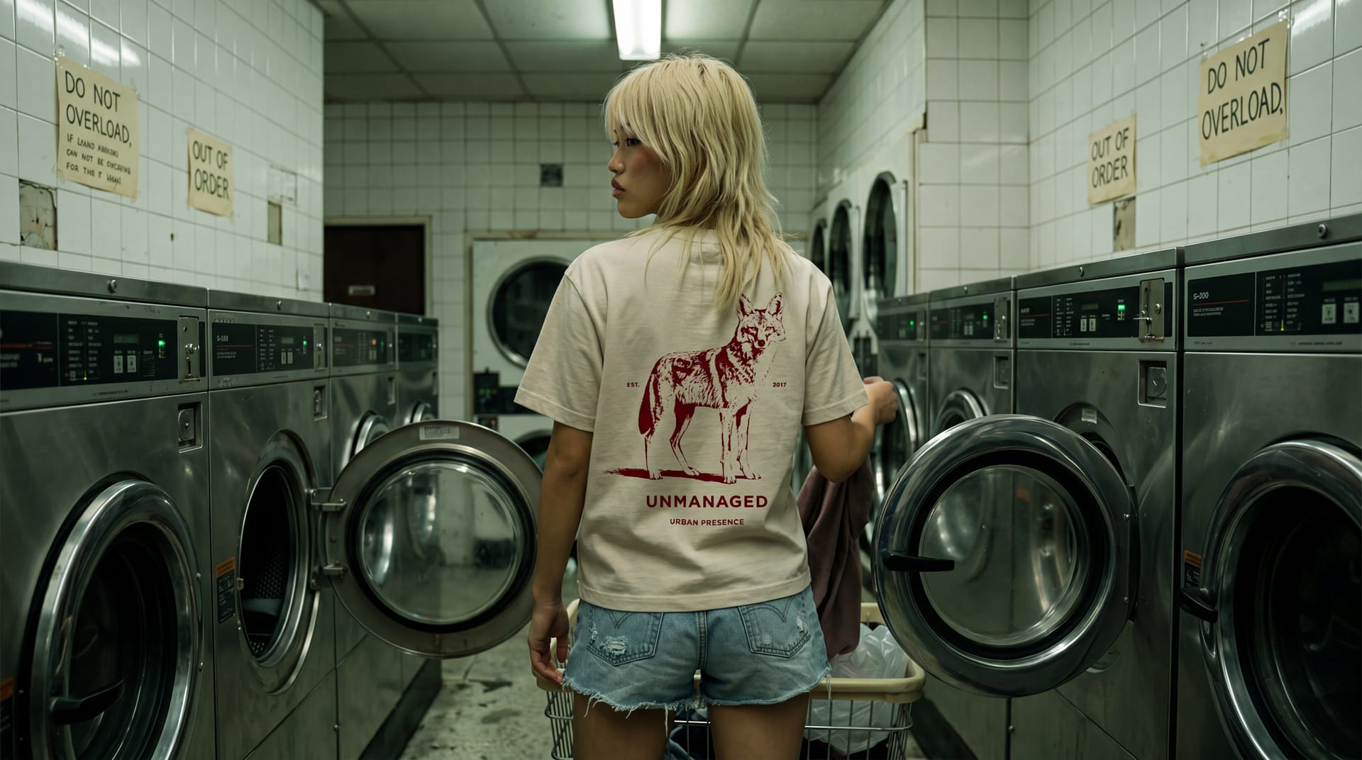 FERN + FIN URBAN PRESENCE SS26 editorial image featuring graphic T-shirt in laundromat setting