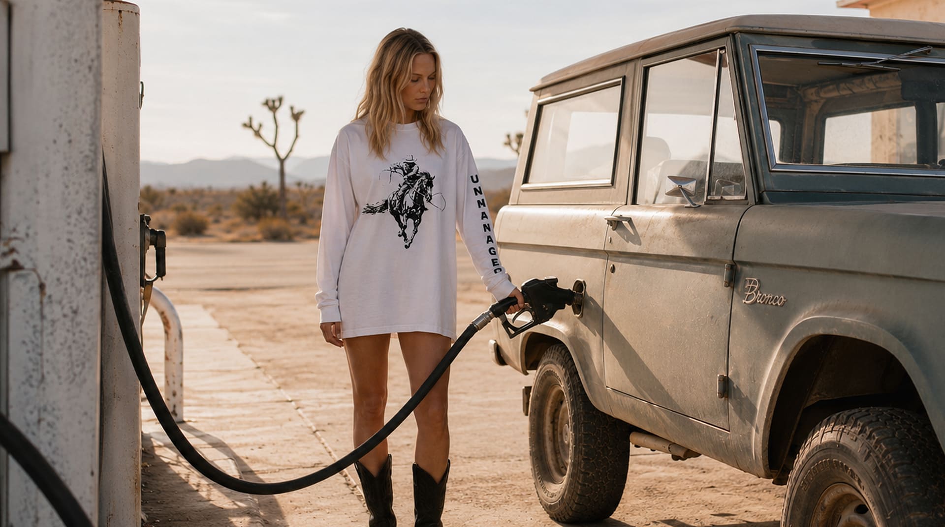 Female model wearing the oversized Shared Ground long sleeve T-shirt and cowboy boots pumping gas at a desert gas station.